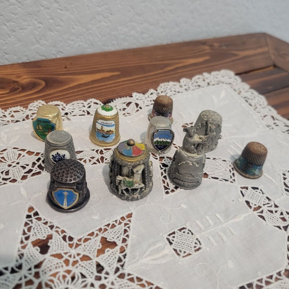 10 Vtg or Antique Thimbles Metal Carousel Aussie New York Delft Venezia etc